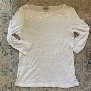 LOFT Sequin front 3/4 sleeve ivory top